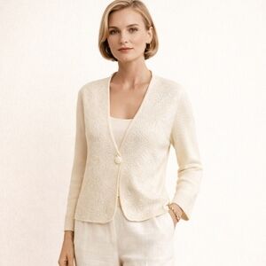 Cream Sequin Merino Wool Cardigan Blazer Quiet Luxury Quality Old Money Sz S